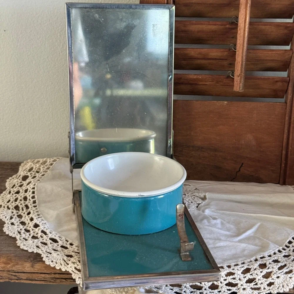 Vintage Mallard Duck Travel Shaving Kit Folding Mirror Teal Enamel Cup Grooming